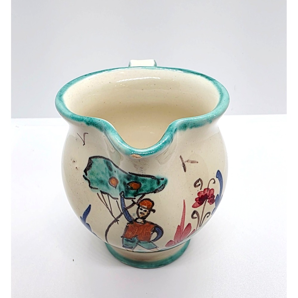 Vtg Ceramic Mini Creamer Pitcher Teal Trim Italian Pottery Vanro Italy H239
